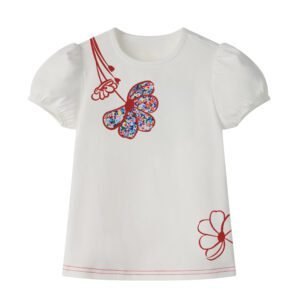 WHITE T-SHIRT SHORT FLORAL DENIM APPLIQU'E